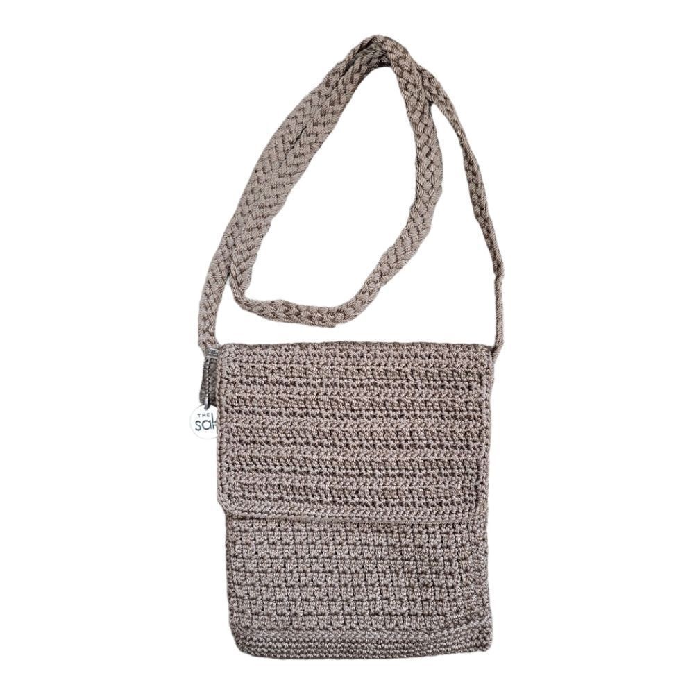 The Sak Taupe Macrame Mini Crossbody Purse W/ Flap & Zipper